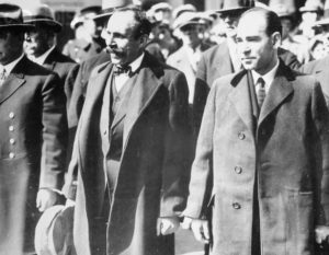 April 1959, Dedham, Massachusetts, USA --- Dedham, Massachusetts: Bartolomeo Vanzetti (left) and Nicola Sacco arriving at Superior court where they were sentenced to death in electric chair 4/19/27 for murder of which they were convicted in 1921. --- Image by © Bettmann/CORBIS