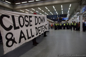 24th October 2015 protestors in London at Eurostar join solidarity protests in Paris and Budapest calling for the abolition of borders and better conditions for refugees and migrants