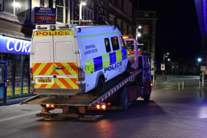 A police van was smashed by vandals in the Old Market Place, Grimsby. The Operational support section was recovered by Gallows Wood. Picture: Duncan Young Buy this photo at www.thisisphotosales.co.uk/grimsby or by contacting 08444 060910 Requested by: Contact: Date: Postcode: Keywords: