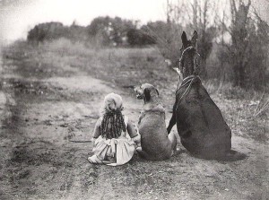dog-horse-and-little-girl-sitting-on-th-road-black-and-white-old-photo